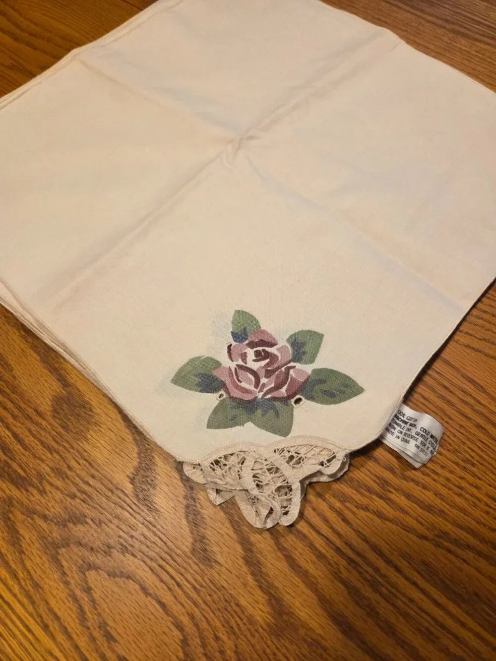 Battenburg Lace Hand Painted Rose 6 Napkins 16 1/2 x 16 1/2